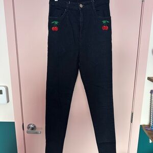 Collectif Dark blue High Rise Jeans with Cherry Detail